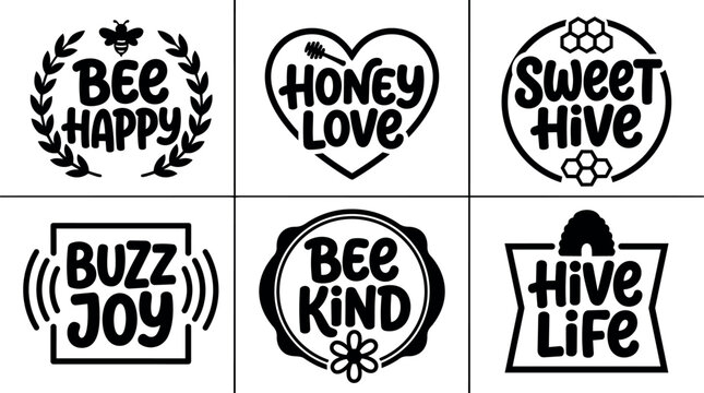 Black and white bee themed positive phrase icons with floral and honeycomb accents
