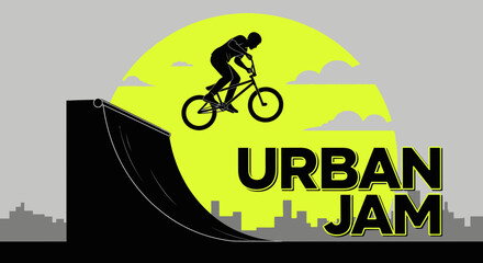 Naklejka premium Urban Cycling Spectacle: Silhouette of a BMX Rider Performing an Extreme Stunt in a City