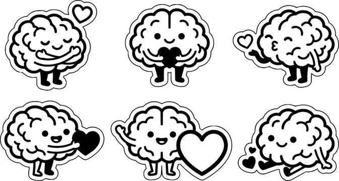Black and white cute brain characters holding and sending hearts vector art