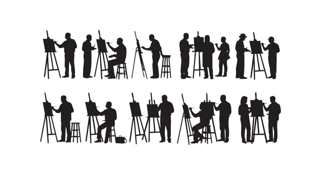 Artists silhouettes painting on easels in studio workshop showing creative process and art education vector illustration.