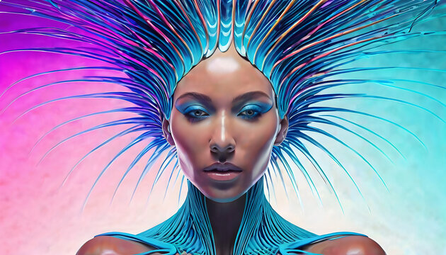 Futuristic Portrait of Woman with Bioluminescent Hair, Hyper-Saturated Digital Art
