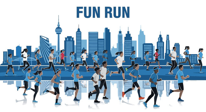 Urban Fun Run Event Depicting People Running Marathon in Front of Skyline Scenery
