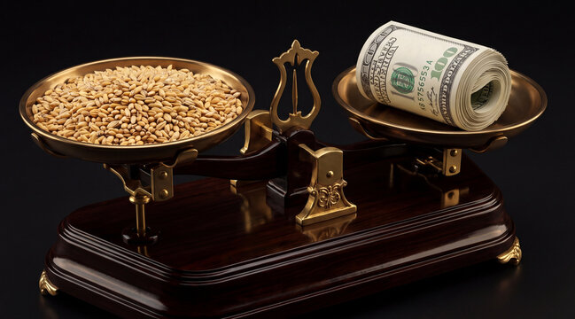 Grain and dollars on the scales as a symbol of the price of wheat exports