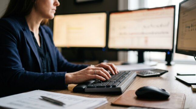 Medium shot of backoffice staff performing monthly fund cash reconciliation capturing focused hands on keyboard with blurred screens behind.