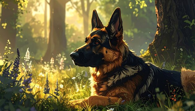 Dog in sunlit forest (1)