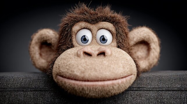 An adorable monkey character smiles and peers over a ledge, radiating a sense of playfulness and joy