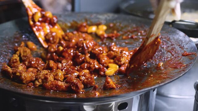 Korean Street Food - Dakgangjeong, Sweet Crispy Korean Fried Chicken, variety of different traditional food selection in Seoul, South Korea, night street market with local vendor stalls cooking 