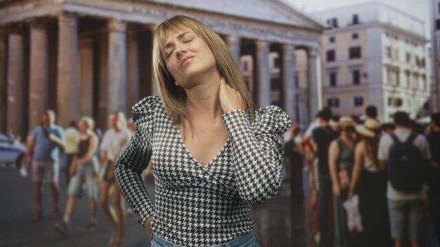 Woman holds neck with one hand, eyes closed in front of a building with columns and crowded plaza; travel fatigue discomfort.