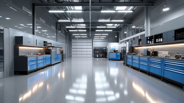 race garage with bright lighting and organized equipment clean professional scene