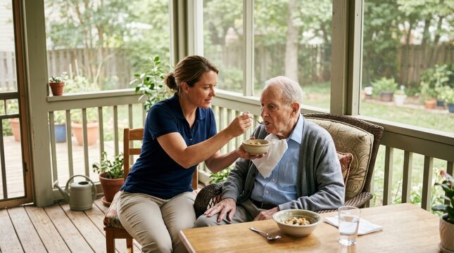 Young caregiver feeding elderly man on sunny porch with garden view