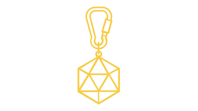 Minimalist vector illustration of a carabiner keychain with a geometric faceted icosahedron pendant, orange gradient line icon for fashion accessories, climbing gear, and gaming gear.
