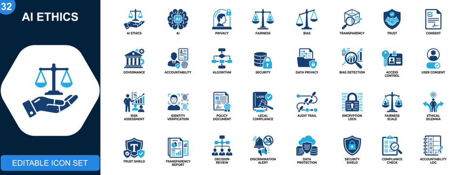 AI ethics icon set, data privacy, algorithm bias, fairness, transparency, explainable AI, trust, consent, accountability, governance. Solid icons collection. Vector.
