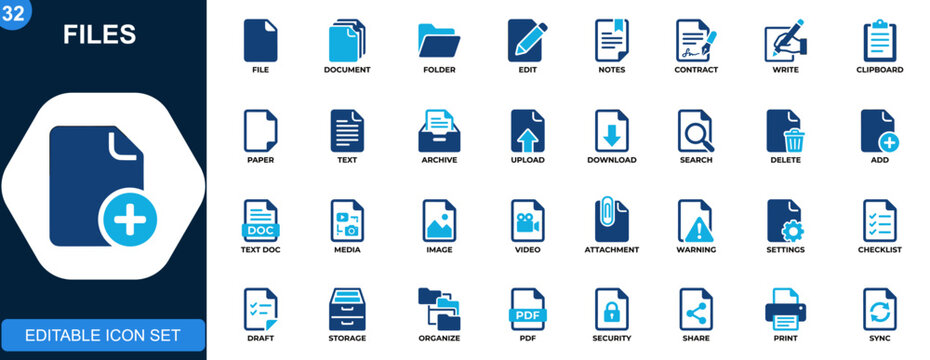 Files icon set, document, folder, edit, notes, contract, upload, clipboard, paper, writing tools. Solid icons collection. Vector.