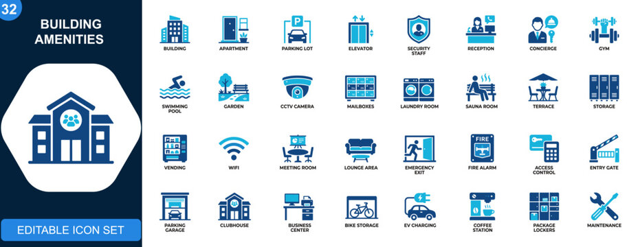 Building amenities icon set. Residential facilities, parking, elevator, security, reception, concierge, gym, pool, property services. Solid icons collection. Vector.
