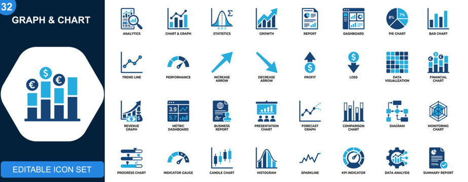 Graph and chart icon set, analytics, growth, statistics, dashboard, report, pie chart, bar chart, trend, performance. Solid icons collection. Vector.