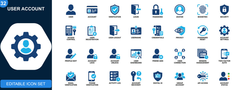 User account icons, profile, login, password, avatar, authentication, security, registration, access control. Solid icons collection. Vector.