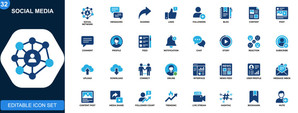 Social media icon set, online network, messaging, sharing, likes, followers, blog, content, digital marketing, community interaction. Solid icons collection. Vector.
