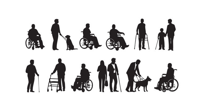 Diverse group of people with disabilities and aids, including wheelchairs, canes, and service animals, demonstrating inclusivity and accessibility.