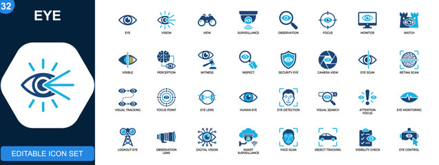 Eye icon set, vision, surveillance, observation, focus, viewing, monitoring, witness, perception. Solid icons collection. Vector. © JIm Studio