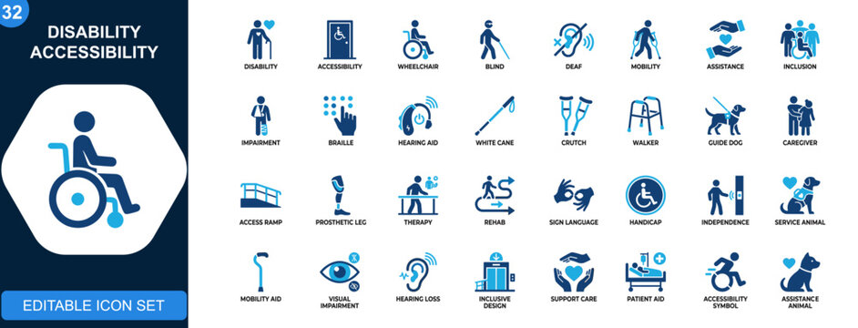 Disability accessibility icon set, wheelchair, blind, deaf, mobility aid, assistive devices, inclusion, caregiver support. Solid icons collection. Vector.