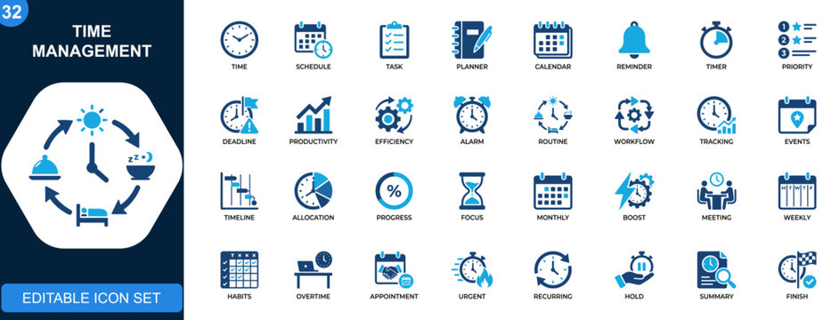 Time management icon set, schedule, task, planner, calendar, reminder, timer, priority, deadline, productivity workflow. Solid icons collection. Vector.