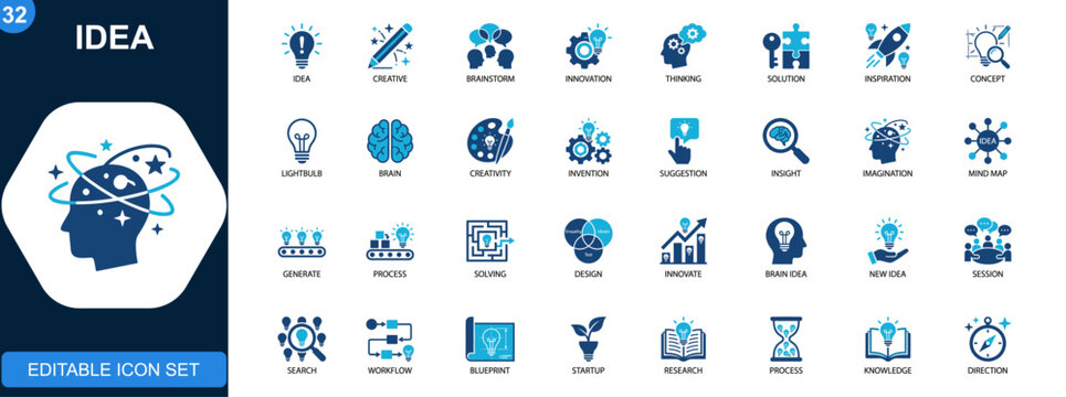 Idea icon set, creative thinking, brainstorming, innovation, solution, lightbulb, brain, inspiration concepts. Solid icons collection. Vector.
