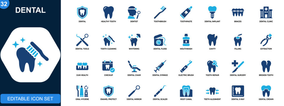Dental icon set, tooth, dentist, toothbrush, toothpaste, implant, braces, oral care, dental tools, clinic treatment. Solid icons collection. Vector.