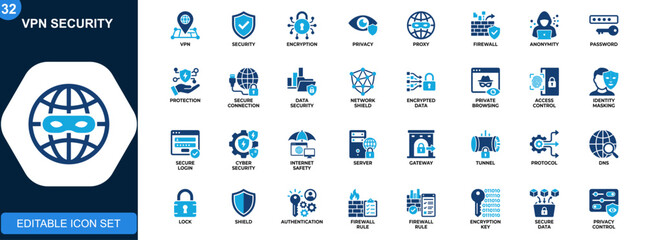 VPN security icon set, secure connection, encryption, privacy, proxy, firewall, anonymity, password protection. Solid icons collection. Vector. © JIm Studio
