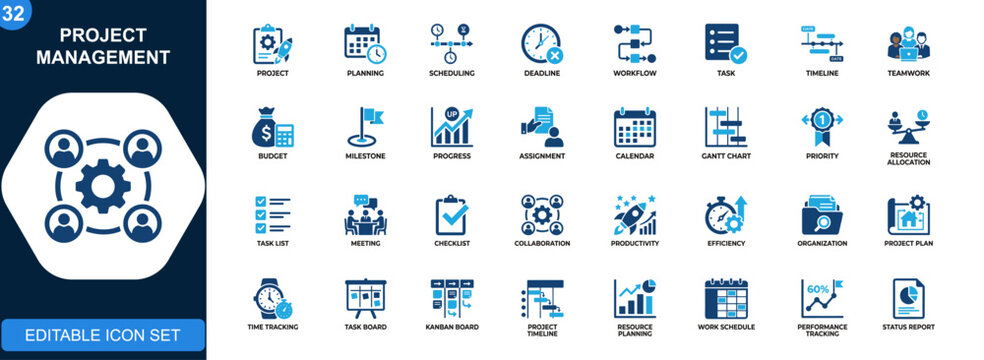 Project management icon set, planning, scheduling, deadlines, workflow, teamwork, budget tracking, task control. Solid icons collection. Vector.