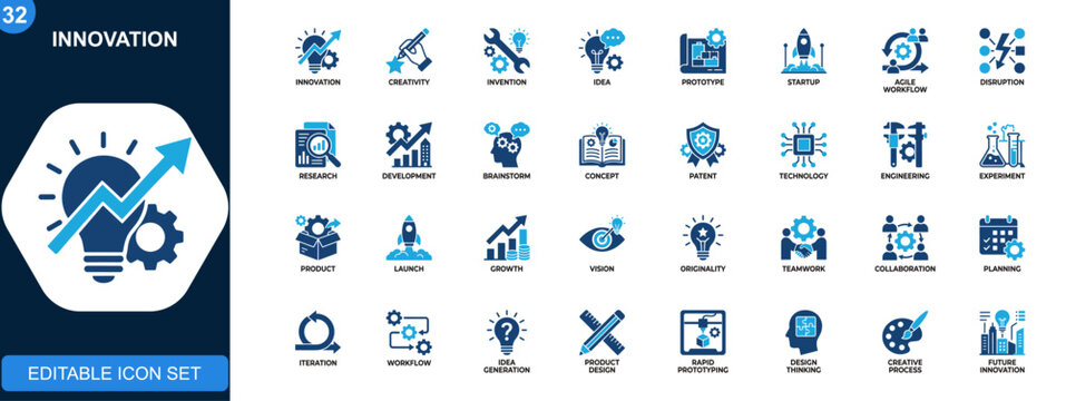 Innovation icon set, creativity, invention, prototype, idea generation, agile workflow, startup, disruption, research and development. Solid icons collection. Vector.