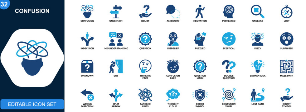 Confusion icon set, uncertain, doubt, ambiguity, hesitation, perplexed, misunderstanding expressions. Solid icons collection. Vector.
