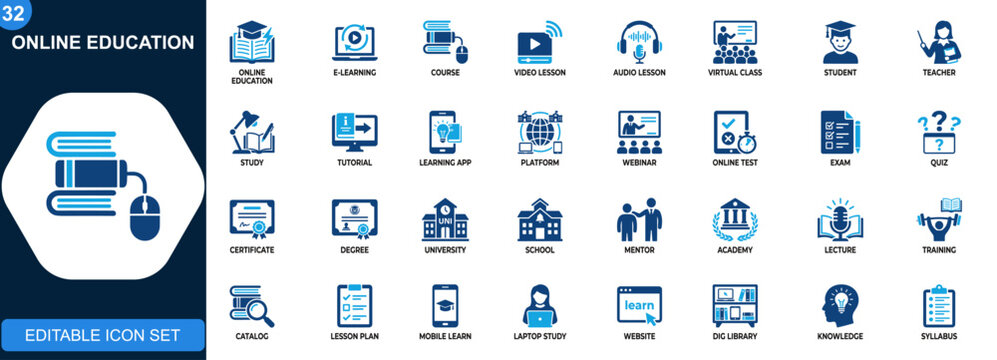 Online education icon set, e learning, video tuition, courses, audio lessons, LMS platform, student learning, virtual classroom, university study. Solid icons collection. Vector.
