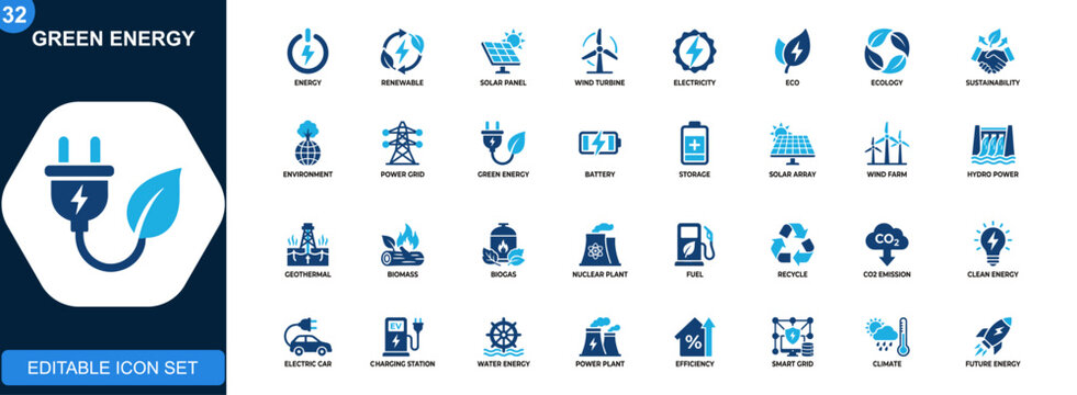 Green energy icon set, renewable power, solar, wind, eco electricity, sustainability, environment. Editable icons collection. Vector.