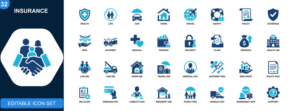 Insurance icon set, healthcare, life, car, home, travel coverage, protection, risk, policy, finance security. Solid icons collection. Vector.