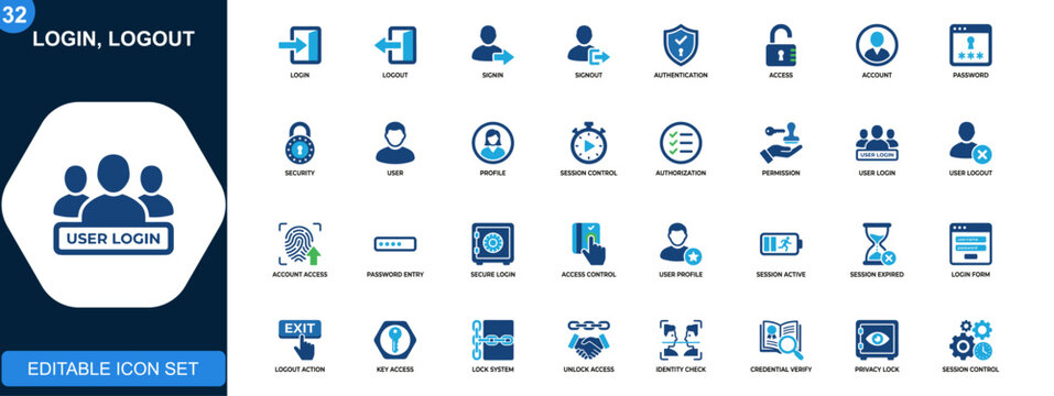 Login logout icon set, sign in, sign out, authentication, user access, account security, password, session control. Editable icons collection. Vector.