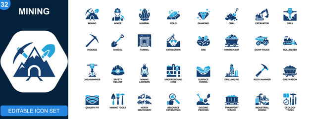 Mining icon set, minerals, gold, diamond, coal, excavator, jackhammer, dump truck, underground extraction tools. Solid icons collection. Vector. © Icons studio