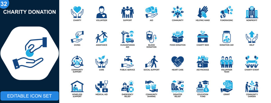 Charity donation icon set, volunteer support, humanitarian aid, community help, fundraising, blood donation, care sharing, nonprofit services. Solid icons collection. Vector.