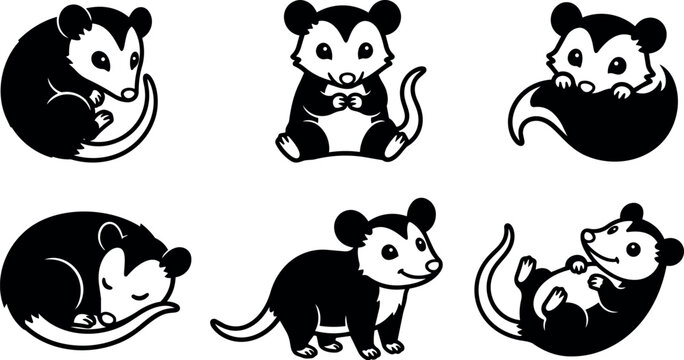 Black and white cartoon vector art of possum in various poses