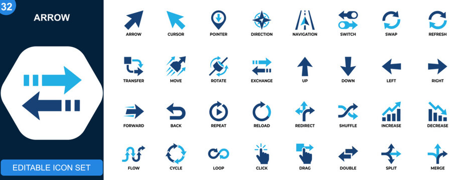Arrow icon set, cursor pointer, direction, switch, swap, refresh, transfer, navigation, rotation. Solid icons collection. Vector.