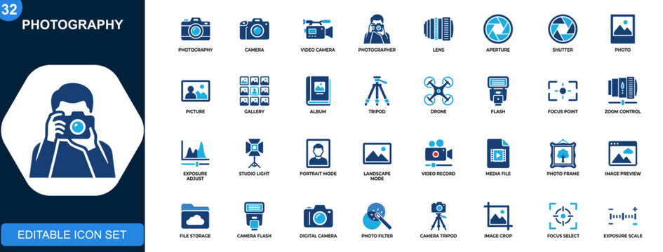 Photography icon set, camera, video, photographer, lens, aperture, shutter, gallery, editing tools. Solid icons collection. Vector.