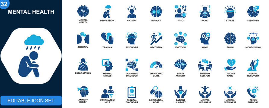 Mental health icon set, depression, anxiety, bipolar, PTSD, panic, therapy, trauma, psychosis, recovery, psychology. Solid icons collection. Vector.