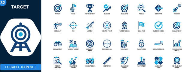 Target icon set, goal achievement, success, aiming, bullseye, focus, objective, mission, accuracy icons collection. Vector. © JIm Studio