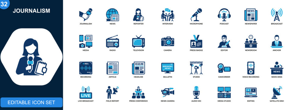 Journalism icons set, news reporting, interview, microphone, reporter, podcast, broadcasting, newspaper, media communication. Solid icons collection. Vector.