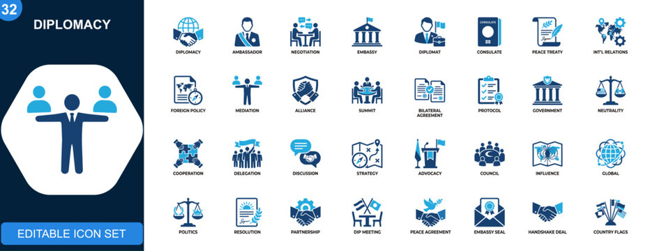 Diplomacy icon set, ambassador, negotiation, embassy, diplomat, consulate, foreign policy, international relations, peace treaty. Solid icons collection. Vector.
