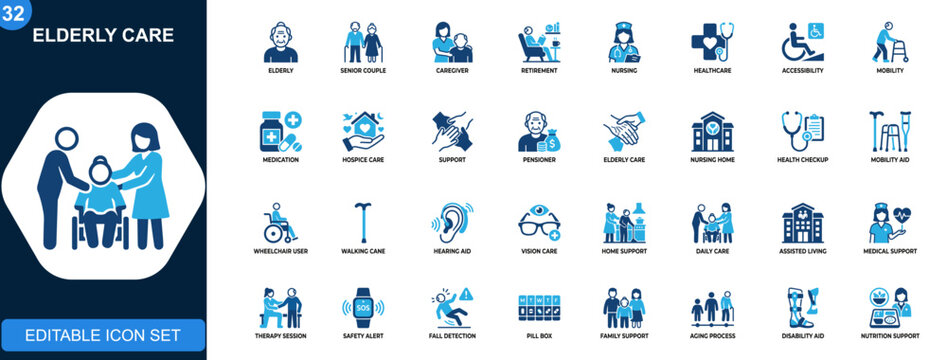 Elderly care icon set, senior, retirement, caregiver, nursing, accessibility, health support, ageing, hospice, mobility assistance. Solid icons collection. Vector.