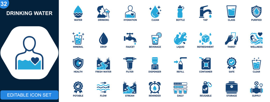 Drinking water icon set, clean water, tap, bottle, hydration, mineral, purified, beverage, wellness. Icons collection. Vector.