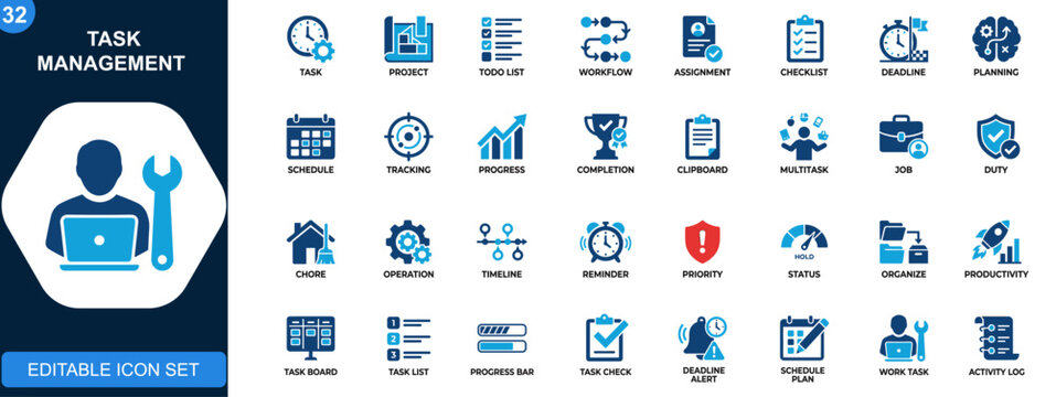 Task management icon set, project workflow, to do list, assignment tracking, multitasking, clipboard tasks, deadline planning. Solid icons collection. Vector.