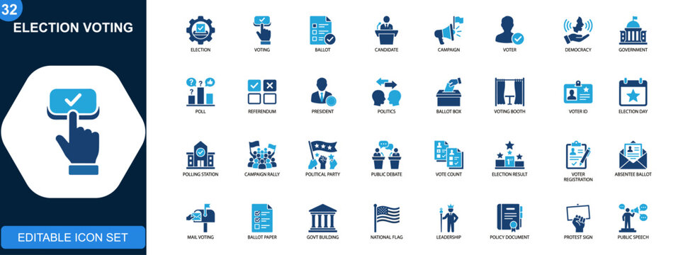 Election voting icon set, democracy, ballot, candidate, campaign, government, voter, referendum, political process. Solid icons collection. Vector.