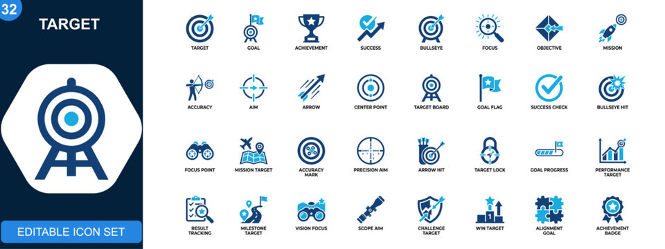 Target icon set, goal achievement, success, aiming, bullseye, focus, objective, mission, accuracy icons collection. Vector.