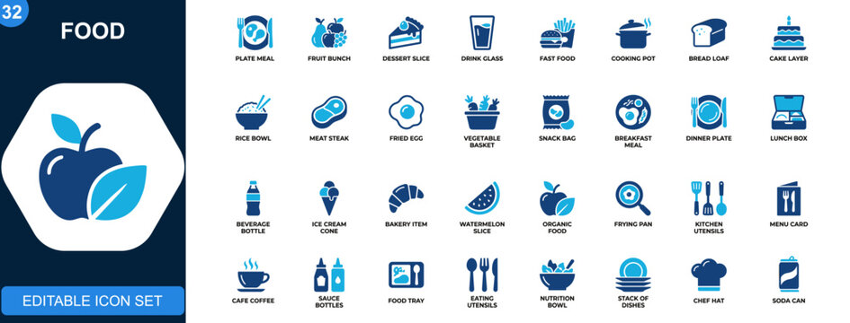 Food icon set, restaurant meals, dishes, fruits, desserts, fast food, beverages, cooking ingredients icons collection. Vector.